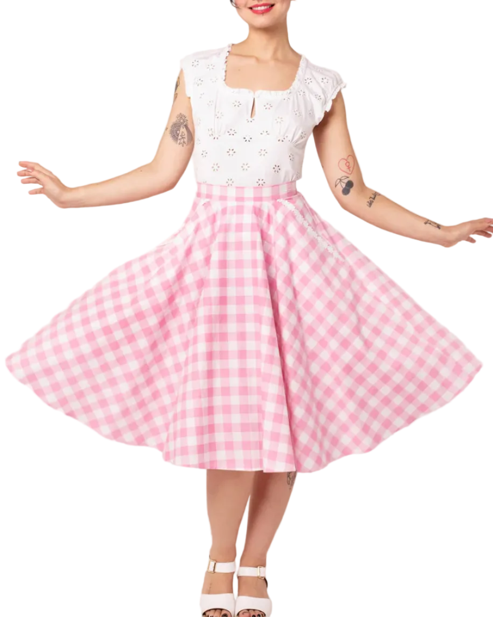 Hell Bunny pink gingham 50s circle skirt vintage swing skirt high waist retro skirt with lace pocket detail