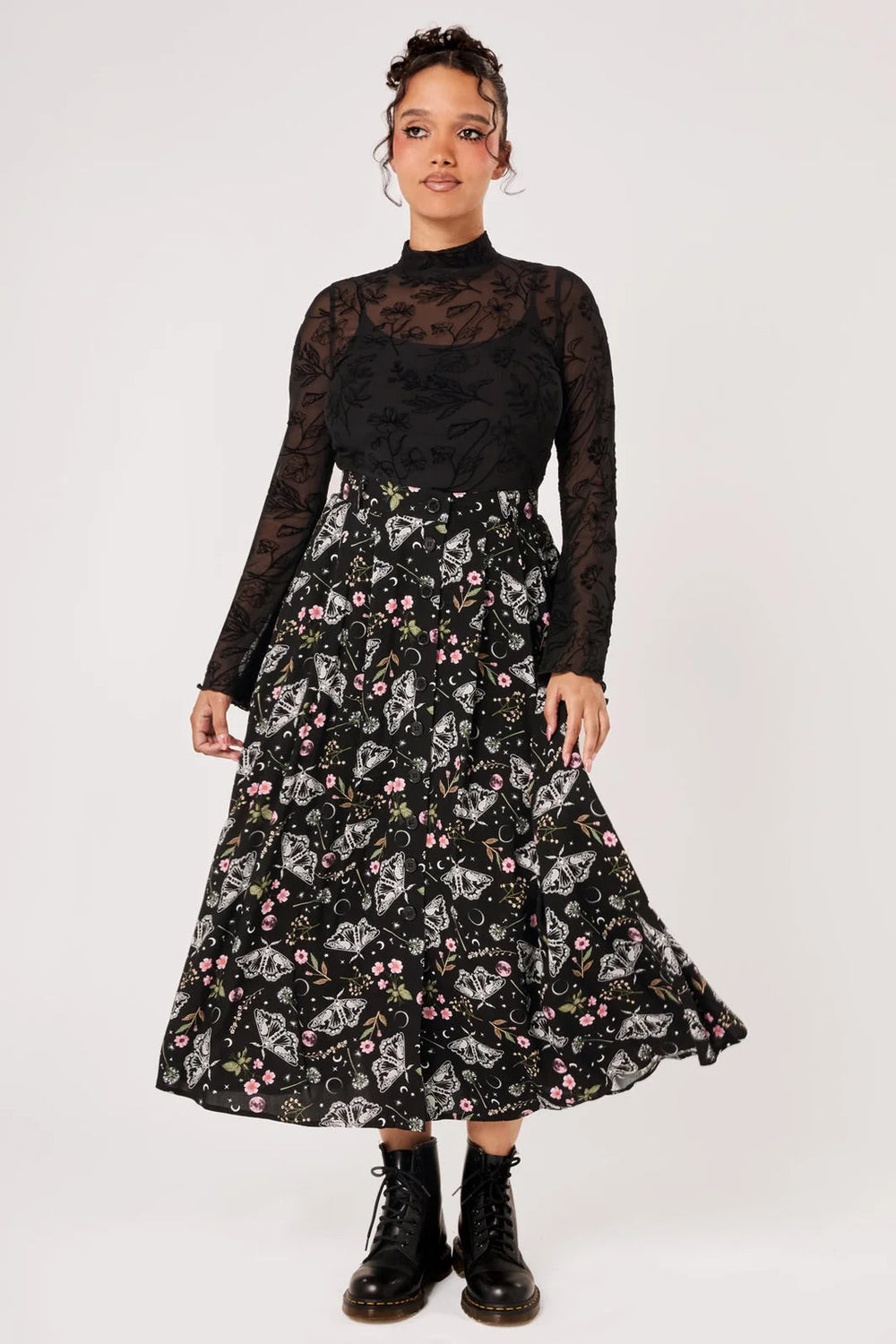 Hell Bunny Chrysalis black moth print midi skirt with celestial moon floral print and button front