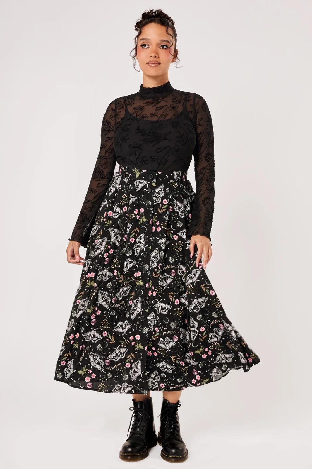 Hell Bunny Chrysalis black moth print midi skirt with celestial moon floral print and button front