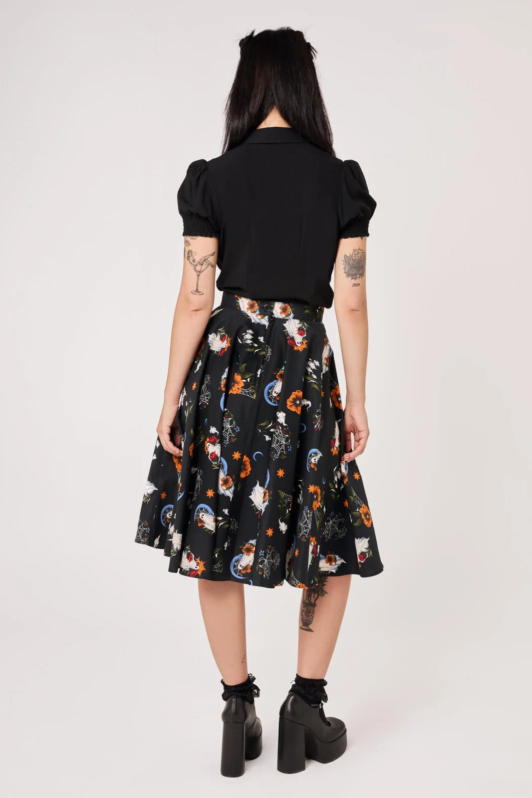 Back view of Hell Bunny Ghost Flower black ghost print 50s skirt