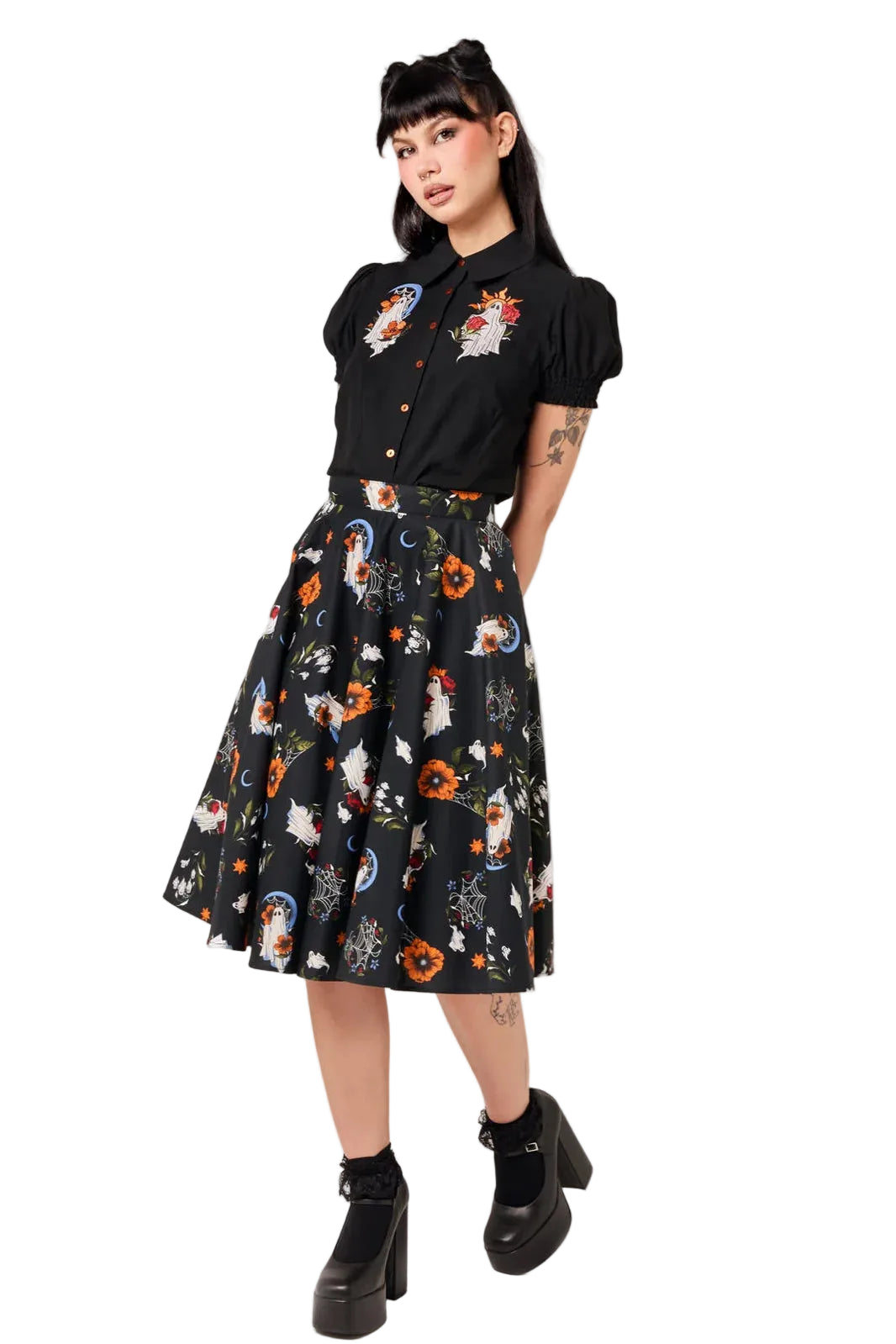 Model wearing Hell Bunny Ghost Flower black Halloween swing skirt with matching blouse