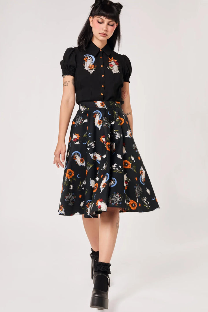 Hell Bunny Ghost Flower Black 50s Swing Skirt
