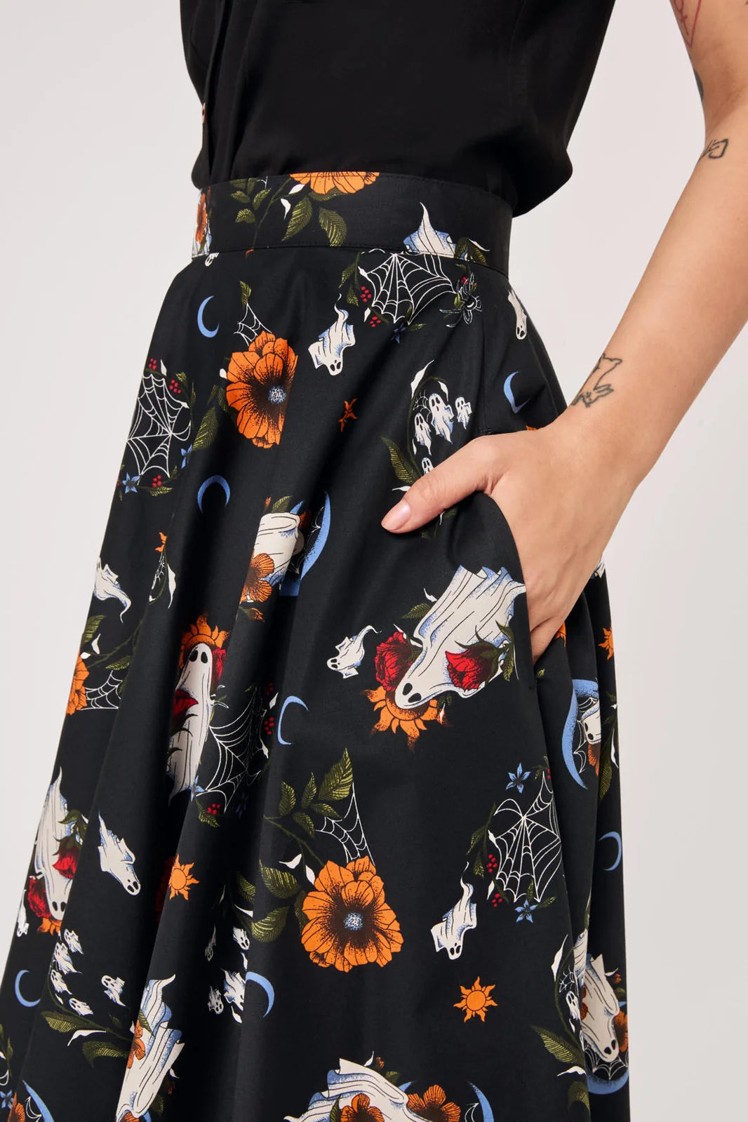 Hell Bunny Ghost Flower black full circle skirt with pockets and Halloween print