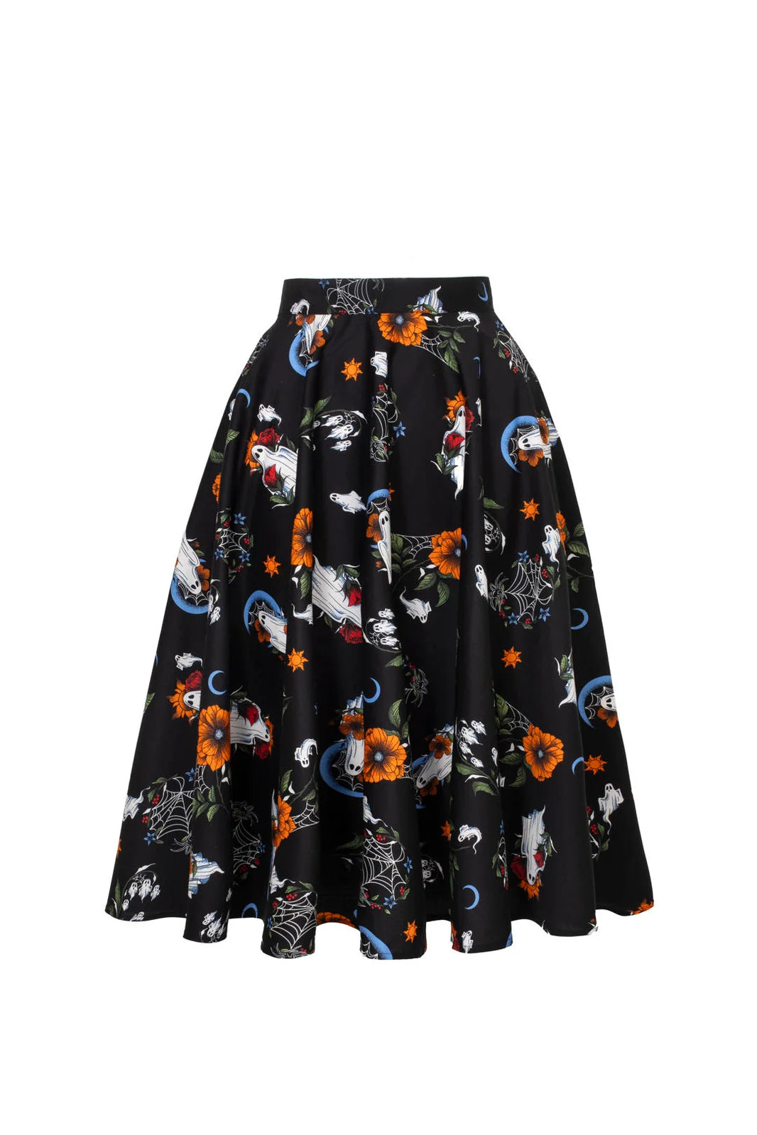 Hell Bunny Ghost Flower black 50s swing skirt with ghost flower moon and spiderweb print
