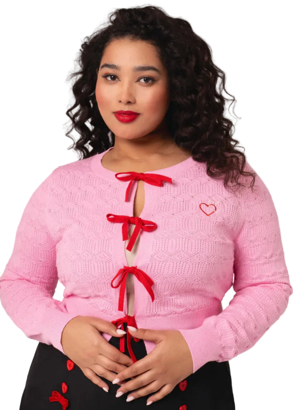 Hell Bunny Lucie pink black heart bow cardigan retro tie front knit vintage style