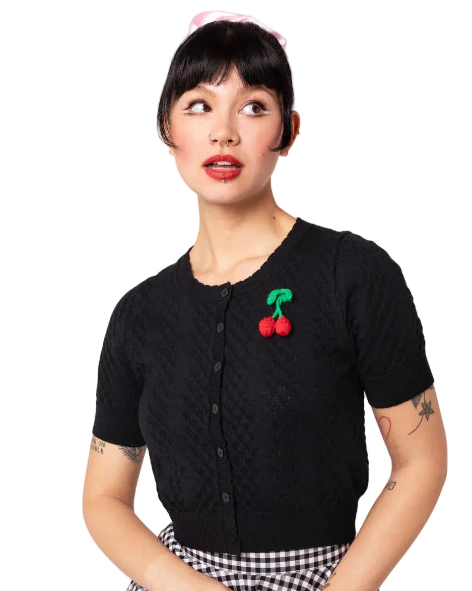Hell Bunny Claudie black cherry cardigan short sleeve retro knit with brooch