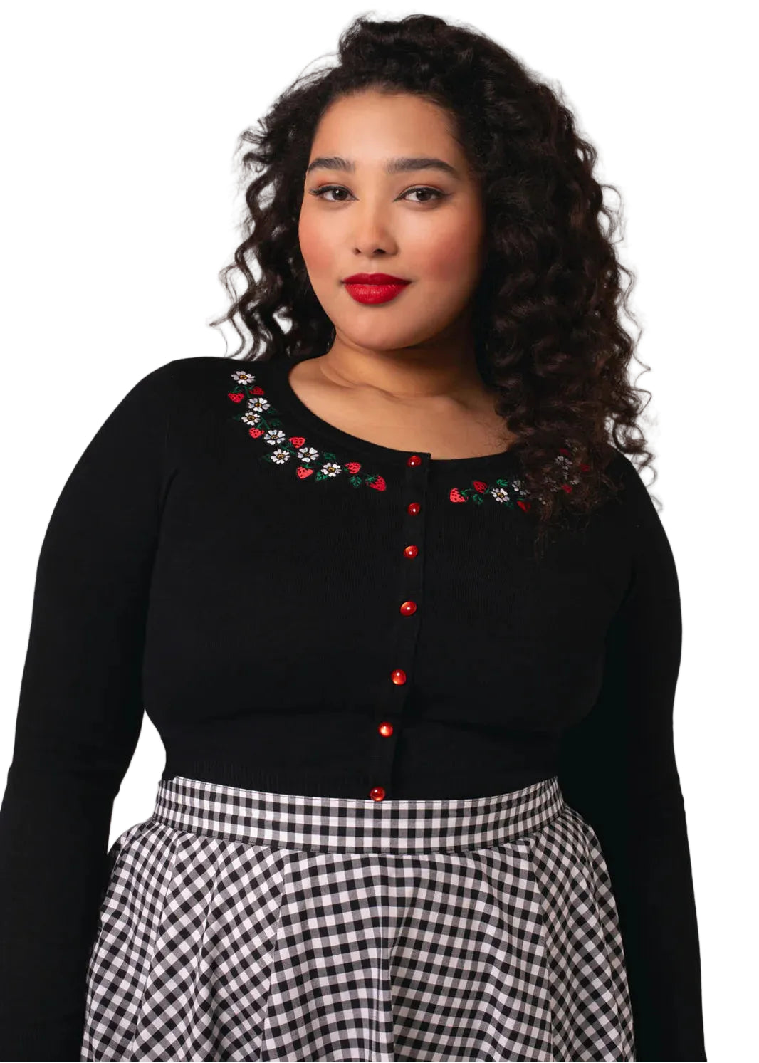 Hell Bunny Francoise black strawberry daisy embroidered cardigan red buttons vintage retro knit