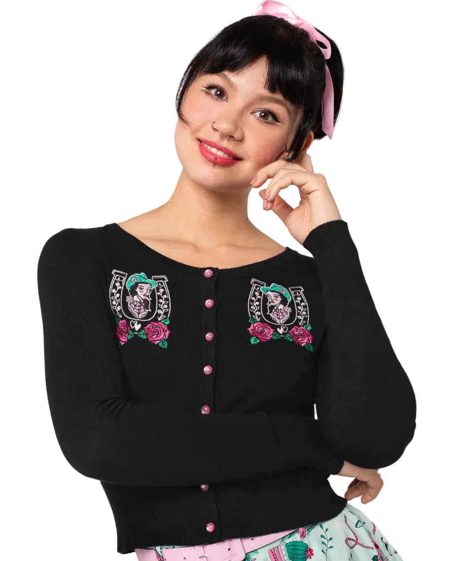 Hell Bunny Kellie black cowgirl embroidered cardigan pink buttons vintage retro knit