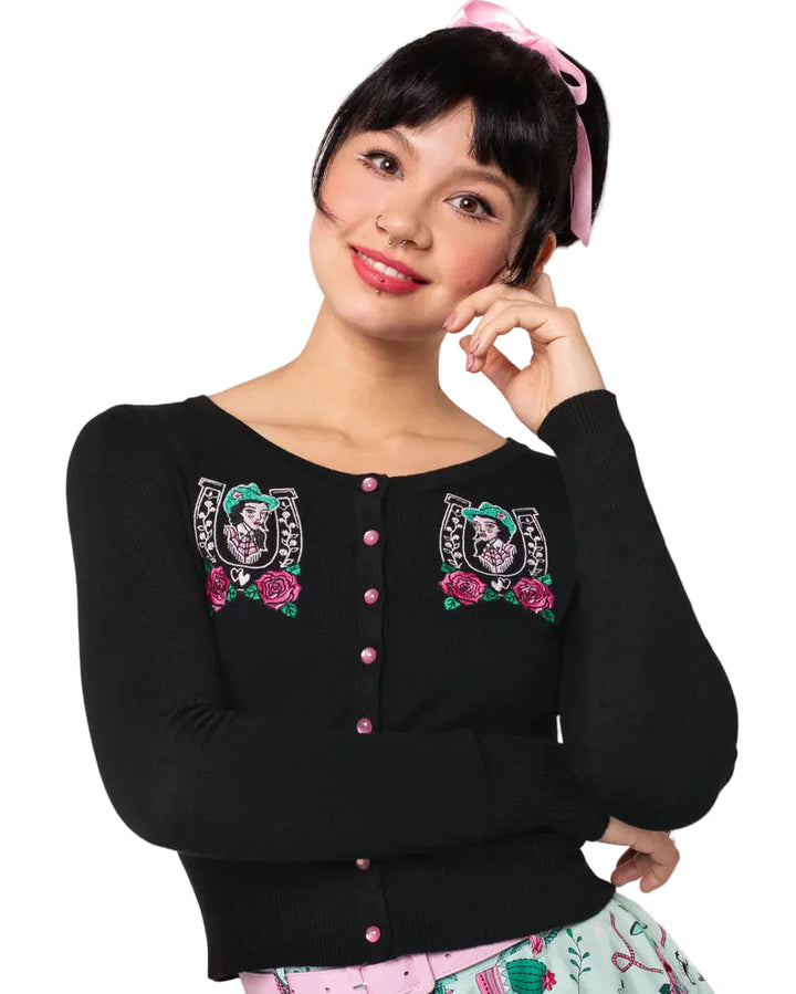 Hell Bunny Kellie black cowgirl embroidered cardigan pink buttons vintage retro knit