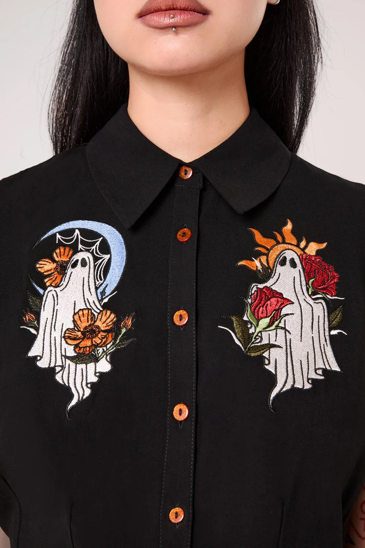 Hell Bunny Ghost Flower Black Ghost Embroidered Blouse