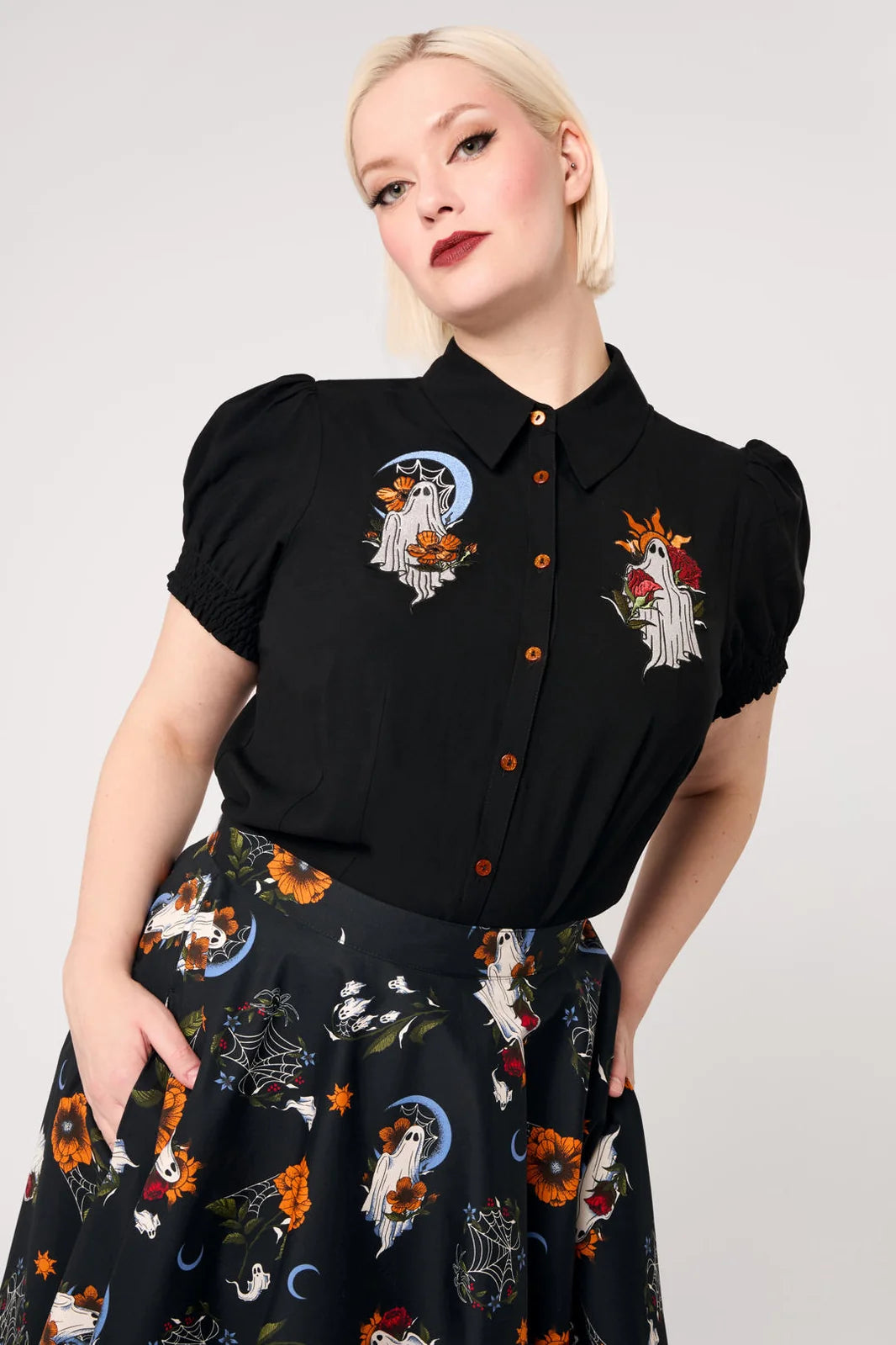 Hell Bunny Ghost Flower Black Ghost Embroidered Blouse