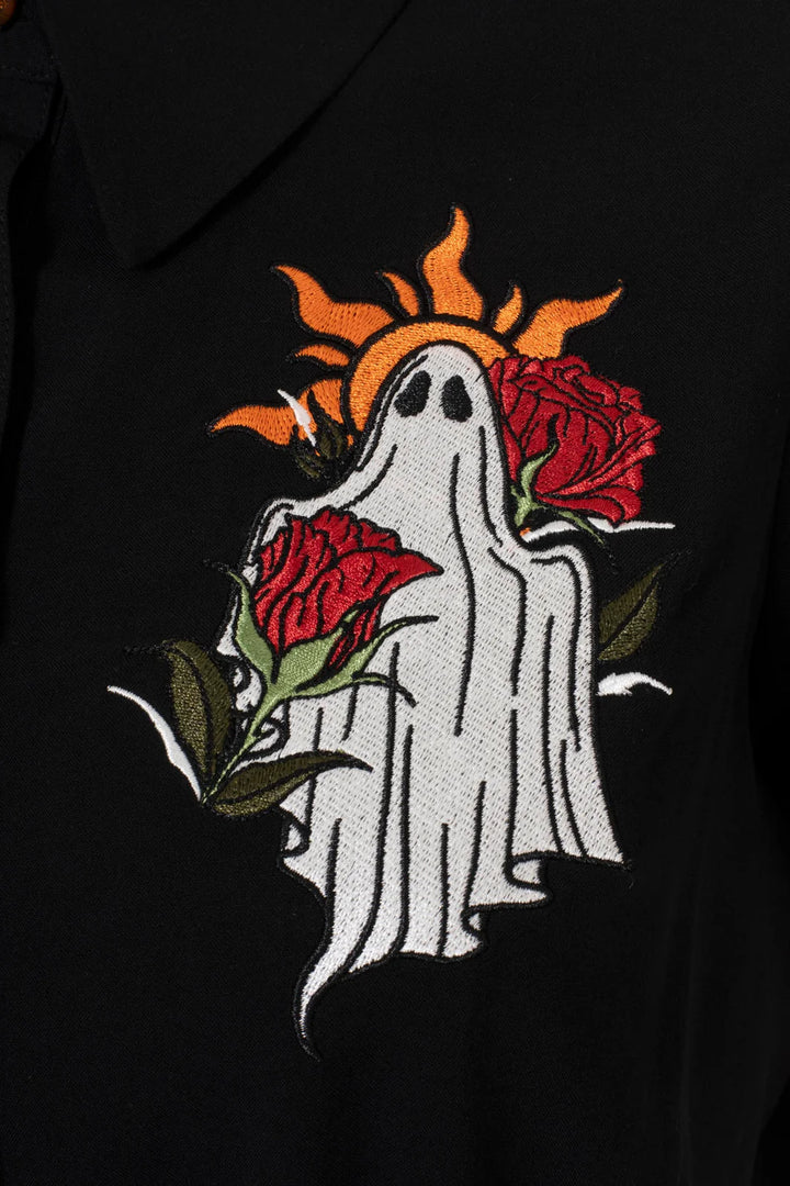 Hell Bunny Ghost Flower Black Ghost Embroidered Blouse