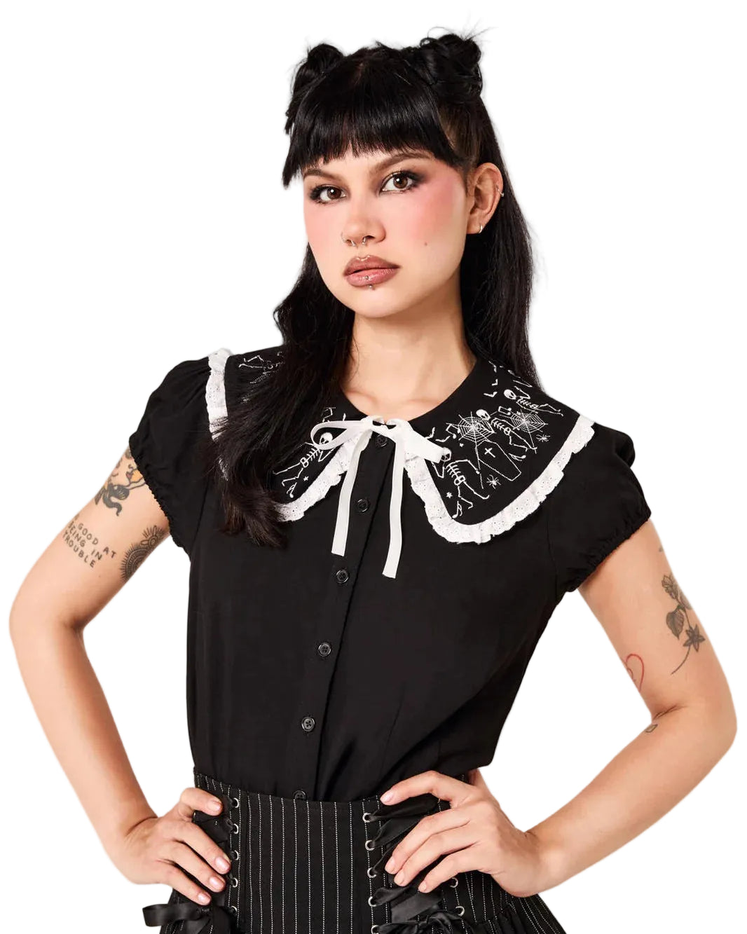 Model wearing Hell Bunny Danse Macabre black gothic blouse with puff sleeves and oversized collar