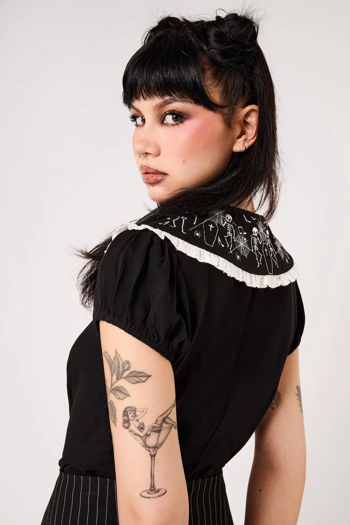 Hell Bunny Danse Macabre Black Skeleton Collar Blouse