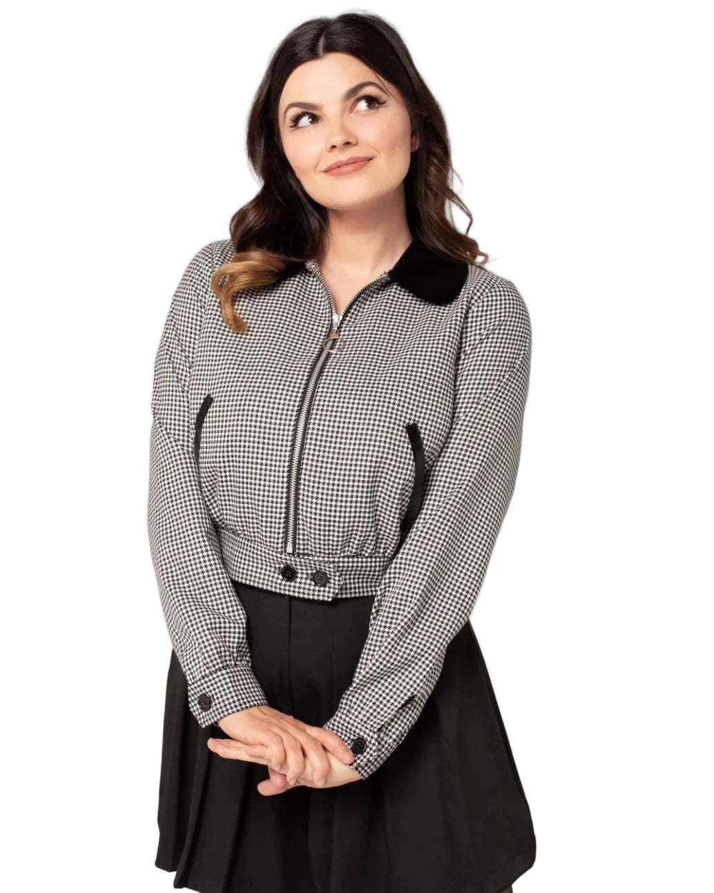 Hell Bunny Teddy Jacket black and white houndstooth jacket with black velvet collar and silver zip front