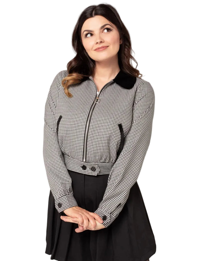 Hell Bunny Teddy Jacket black and white houndstooth jacket with black velvet collar and silver zip front
