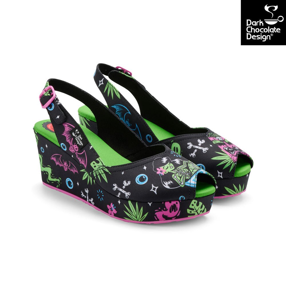 Black wedge sandals with colorful designs on a white background, featuring the brand 'Dark Chocolate Design'.