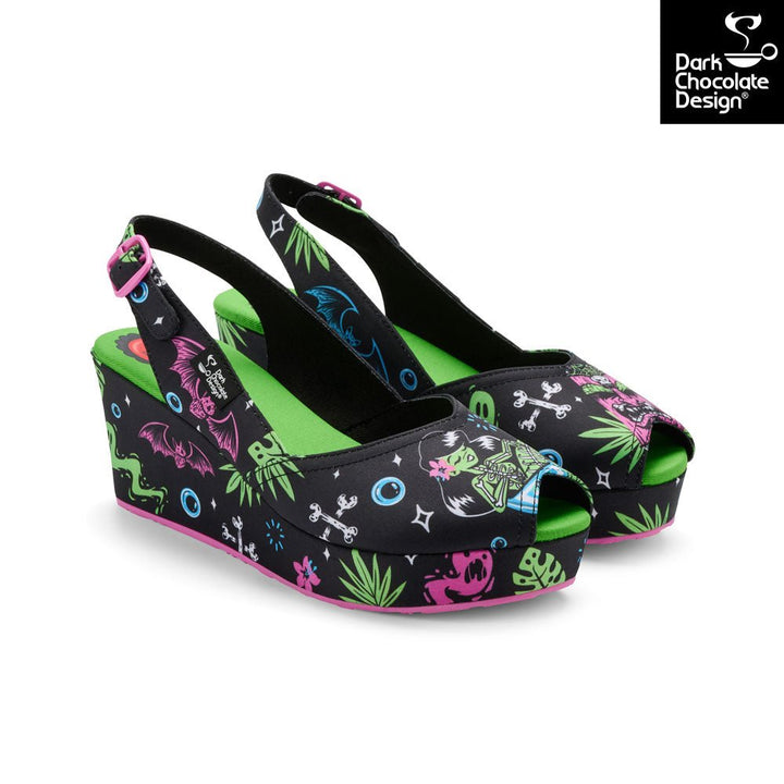 Black wedge sandals with colorful designs on a white background, featuring the brand 'Dark Chocolate Design'.