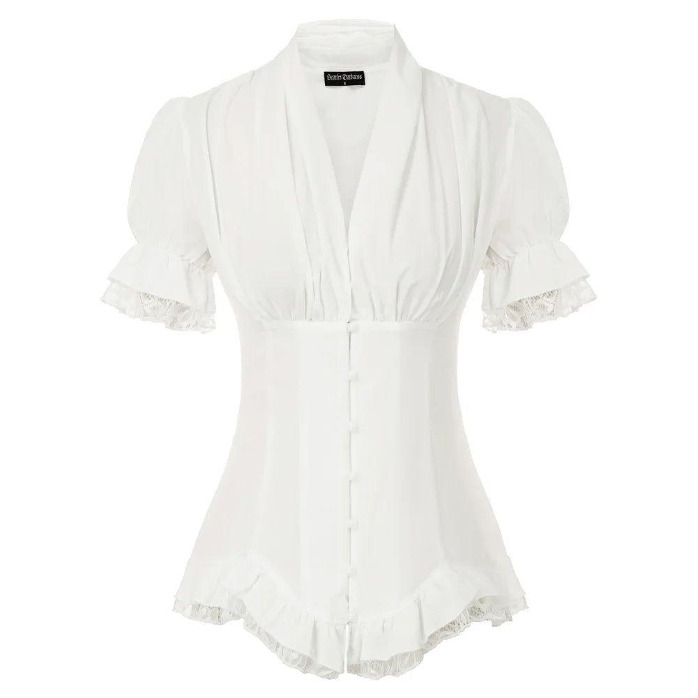 White blouse with lace details on a white background