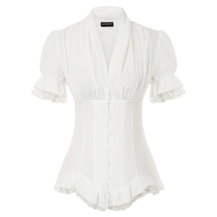 White blouse with lace details on a white background