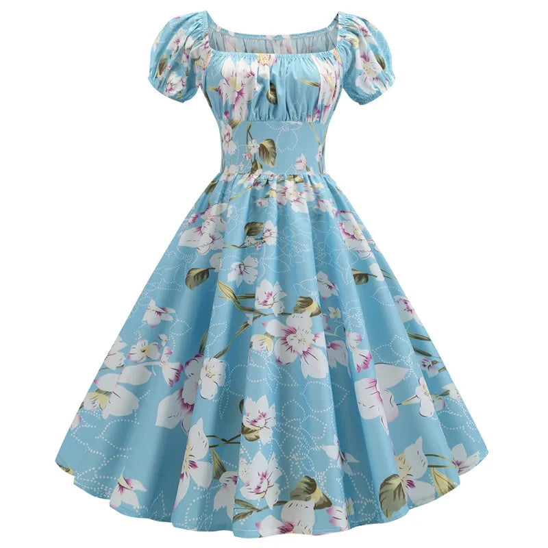 Vintage Peasant Style Blue Floral Dress