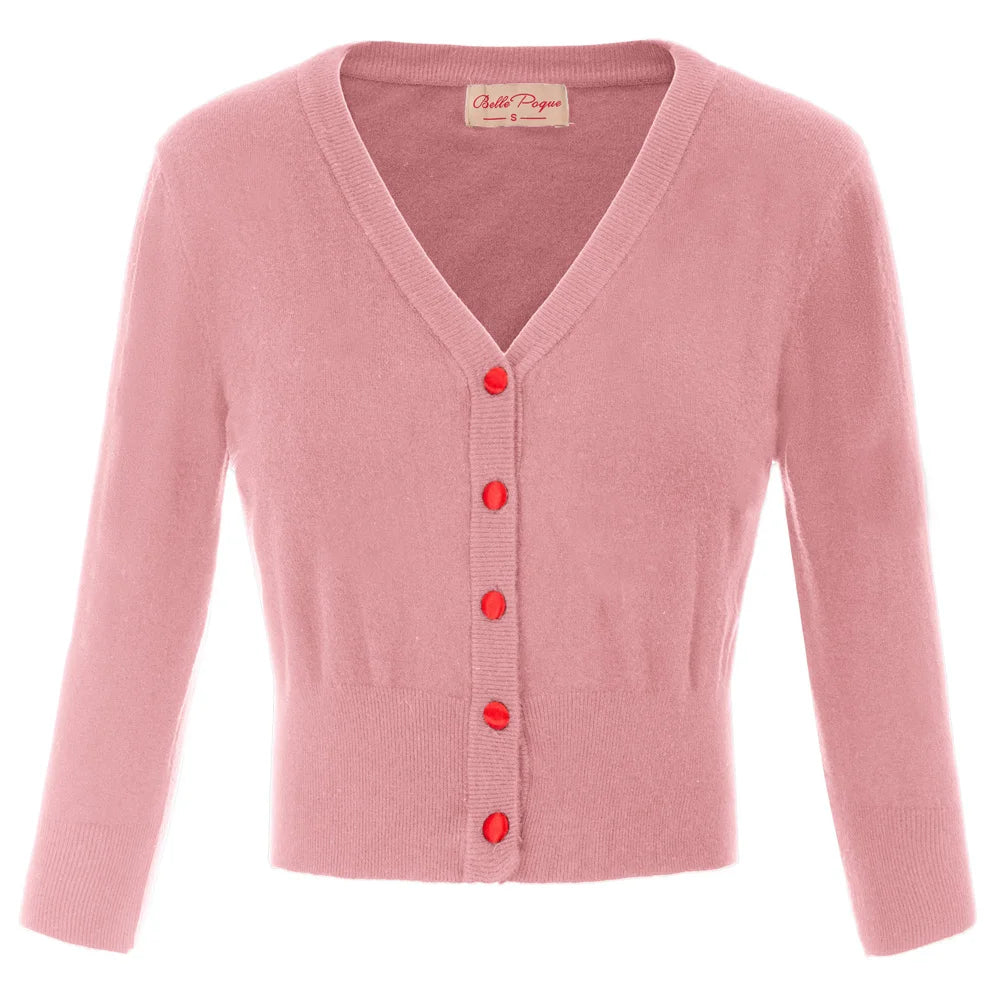 Women's Knit Cardigan – Cropped 3/4 Sleeve V-Neck Button Up