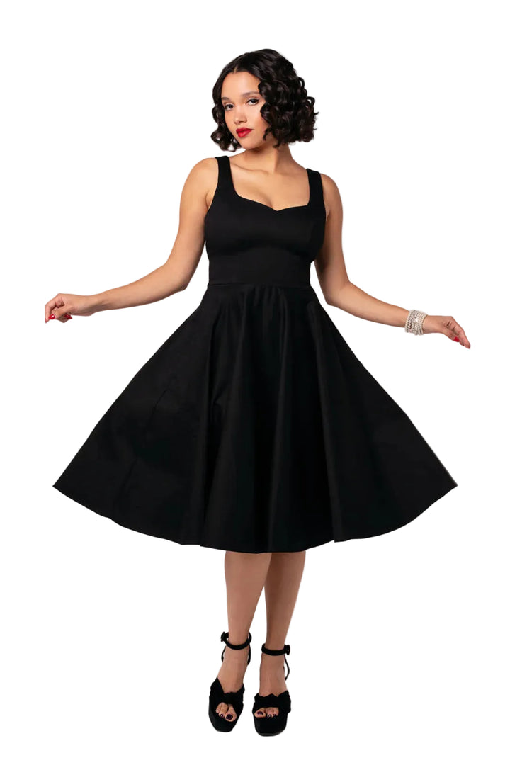 Hell Bunny Heidi black 50s cotton satin midi dress with sweetheart neckline flared skirt and pockets
