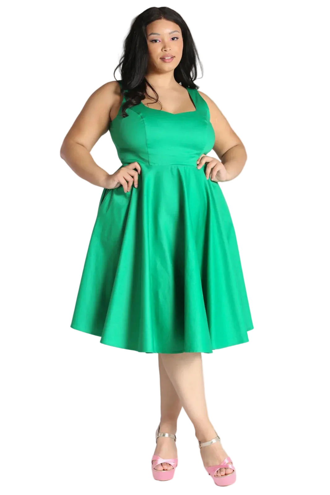 Hell Bunny Heidi green 50s cotton satin midi dress sweetheart neckline vintage swing dress with pockets
