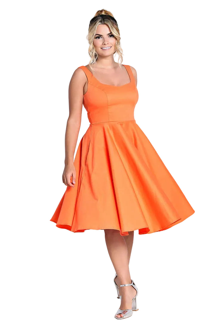 Hell Bunny Heidi orange 50s cotton satin midi dress with sweetheart neckline flared skirt and pockets