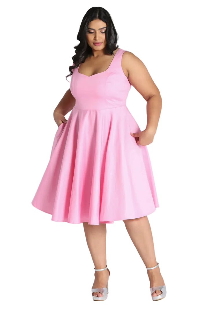 Hell Bunny Heidi pink 50s cotton satin midi dress with sweetheart neckline flared skirt and pockets