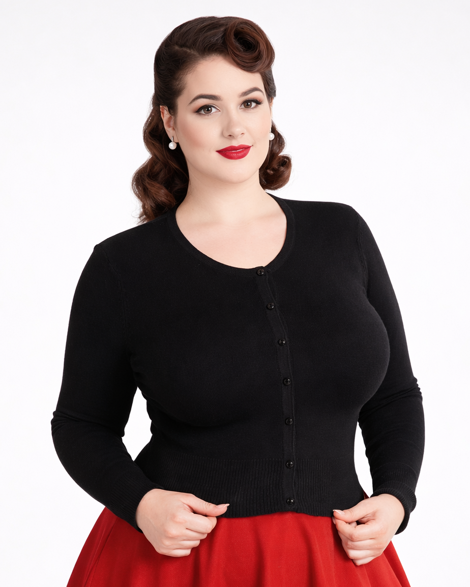 Hell Bunny Paloma black cardigan vintage style knit worn with red circle skirt