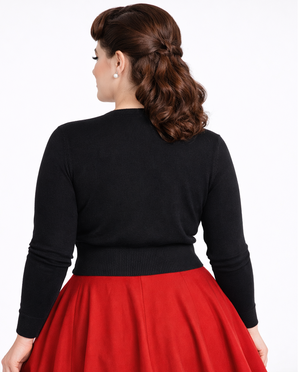 Hell Bunny Paloma black cardigan back view vintage style knit cardigan