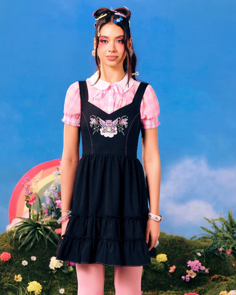 Hell Bunny x Care Bears™ Cheer Bear black mini dress with embroidered bodice, sweetheart neckline and tiered frill hem