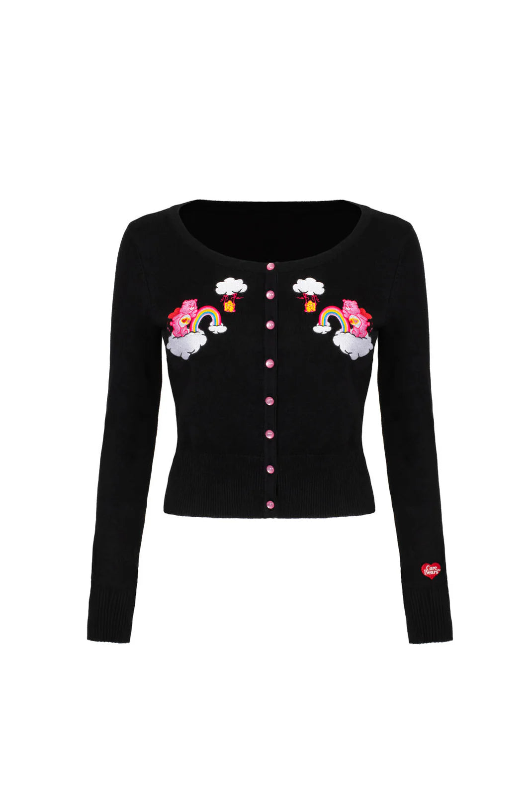 Black  care bears cardigan with colorful cloud and rainbow designs on a white background