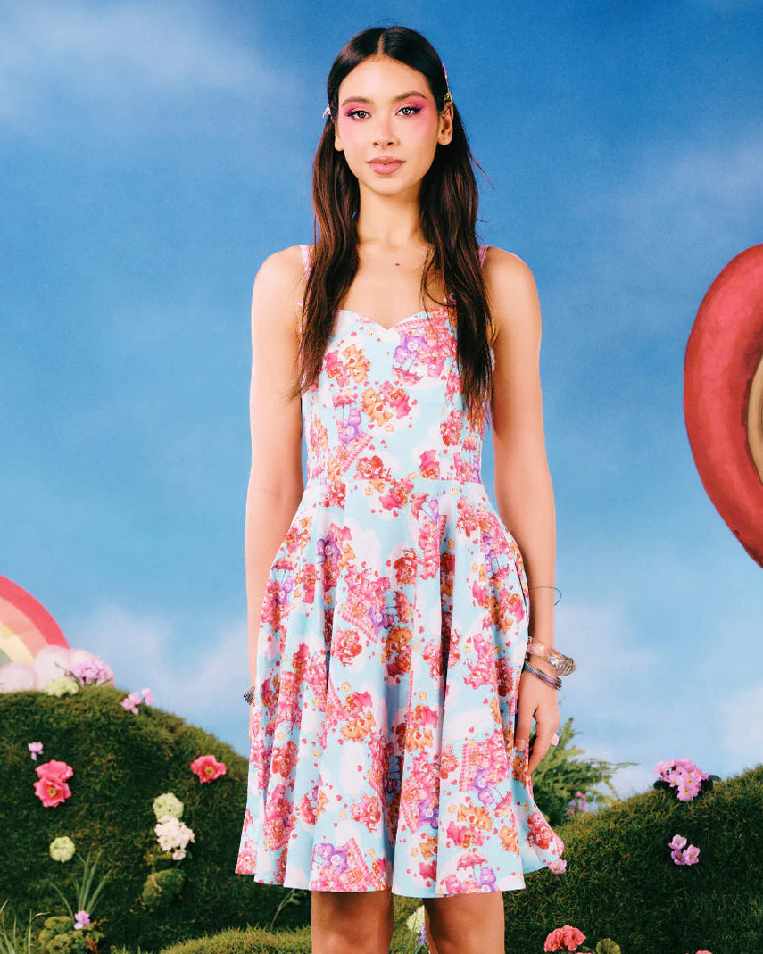 Hell Bunny x Care Bears™ Picnic Bear blue printed dress with sweetheart neckline, pink gingham straps and full circle skirt
