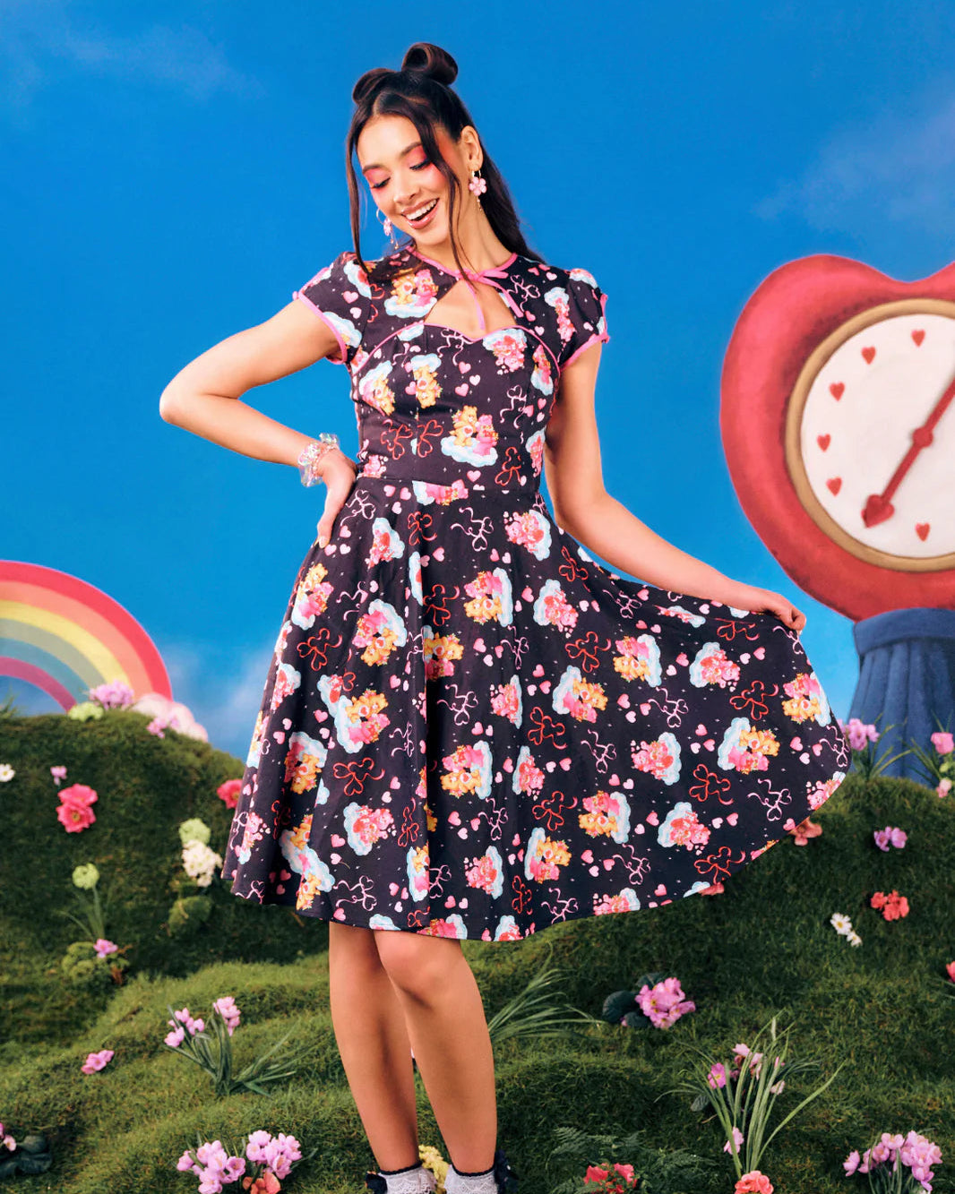 Hell Bunny x Care Bears™ Tenderheart black printed dress with sweetheart neckline, cap sleeves and full circle skirt