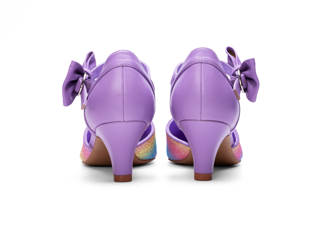 SugarPOP Pasarela - Lilac back view of purple shoes with bows and colorful heels.