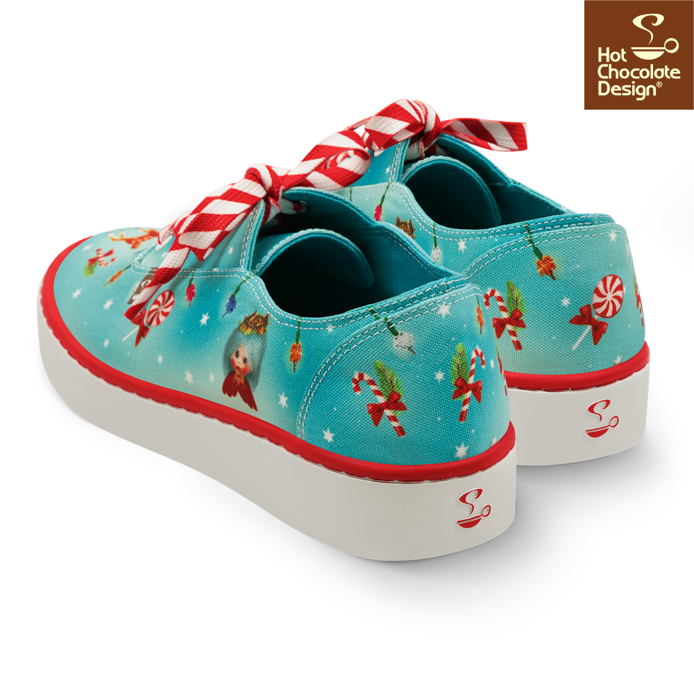 Hot Chocolate Design - Kitsch Christmas Sneakers featuring festive holiday patterns and red striped laces.