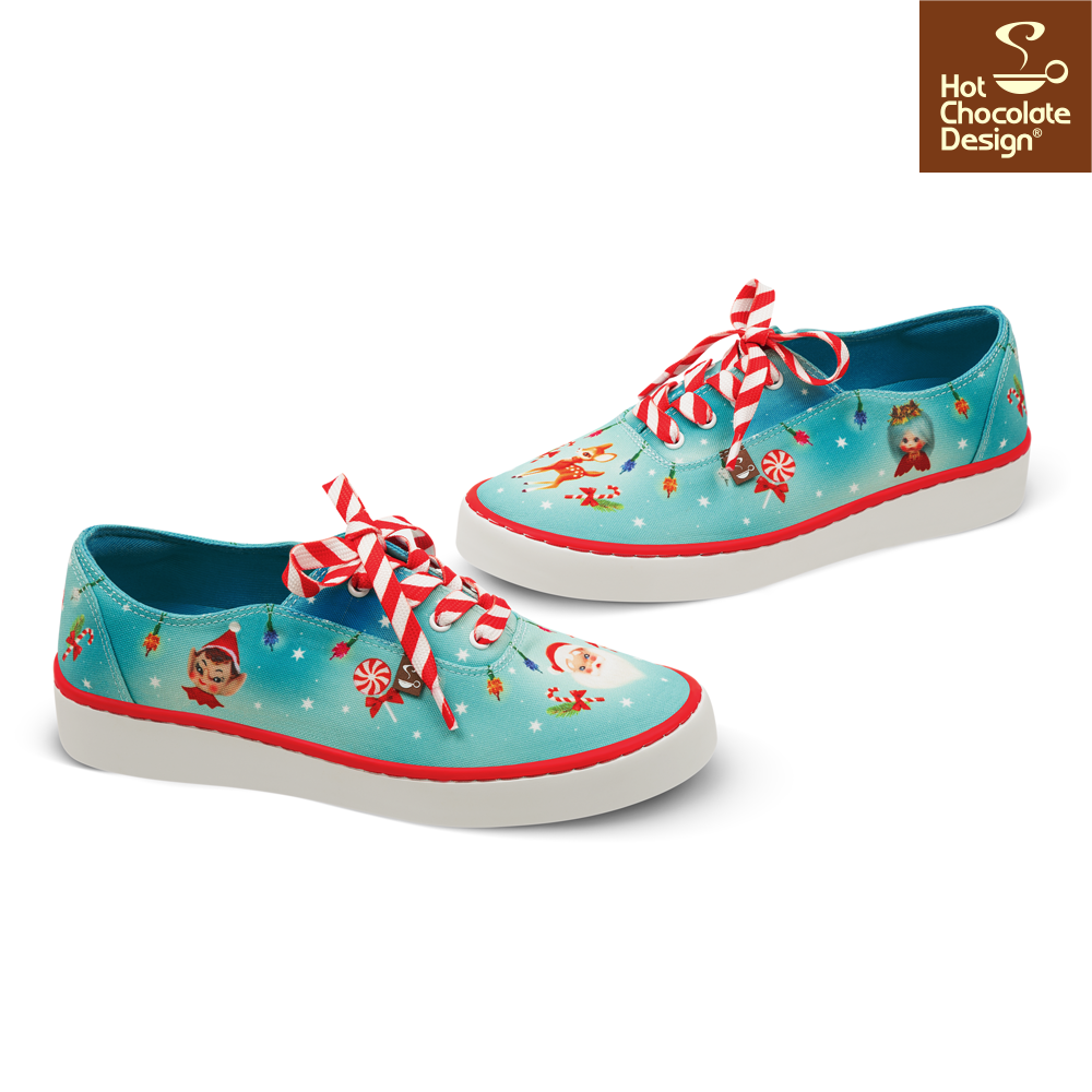 Hot Chocolate Design - Kitsch Christmas Sneakers with festive patterns and candy cane laces.