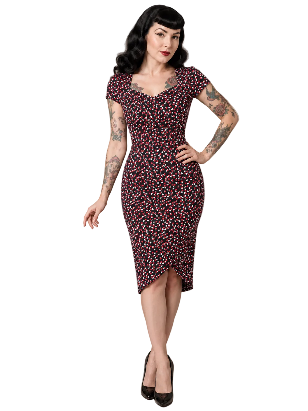 Liquorbrand Heart Print Wiggle Dress front view on rockabilly model