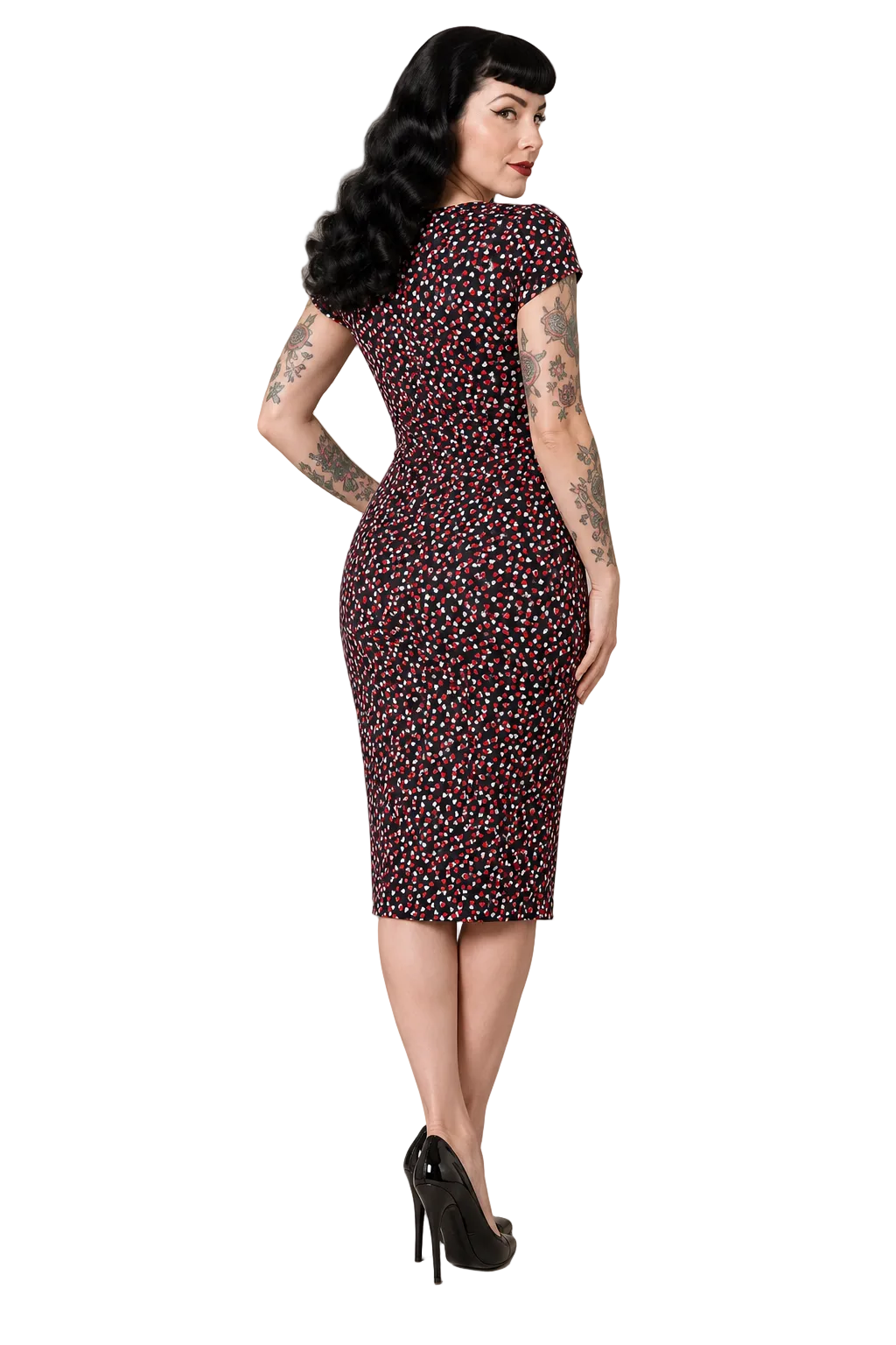 Liquorbrand Heart Print Wiggle Dress back view showing fitted heart print silhouette