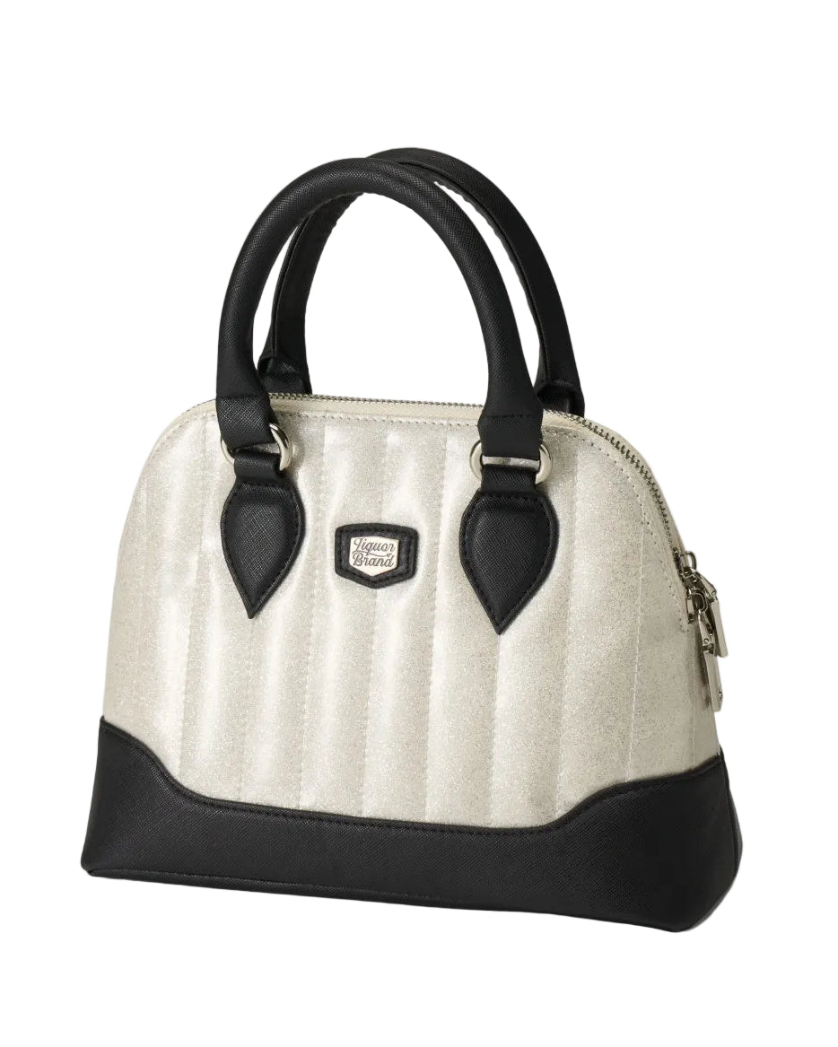 Liquorbrand Lil’ Rocket White handbag with black trim and tuck n roll styling