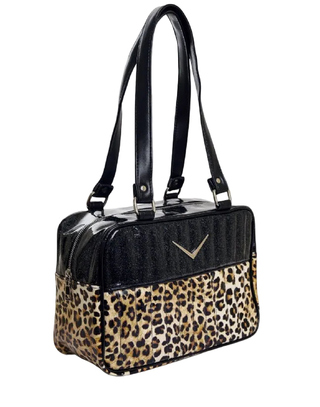 Liquorbrand Vixen Leopard shoulder bag retro rockabilly handbag with black glitter panels