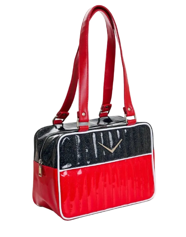Liquorbrand Vixen Red shoulder bag retro rockabilly handbag with black glitter panel