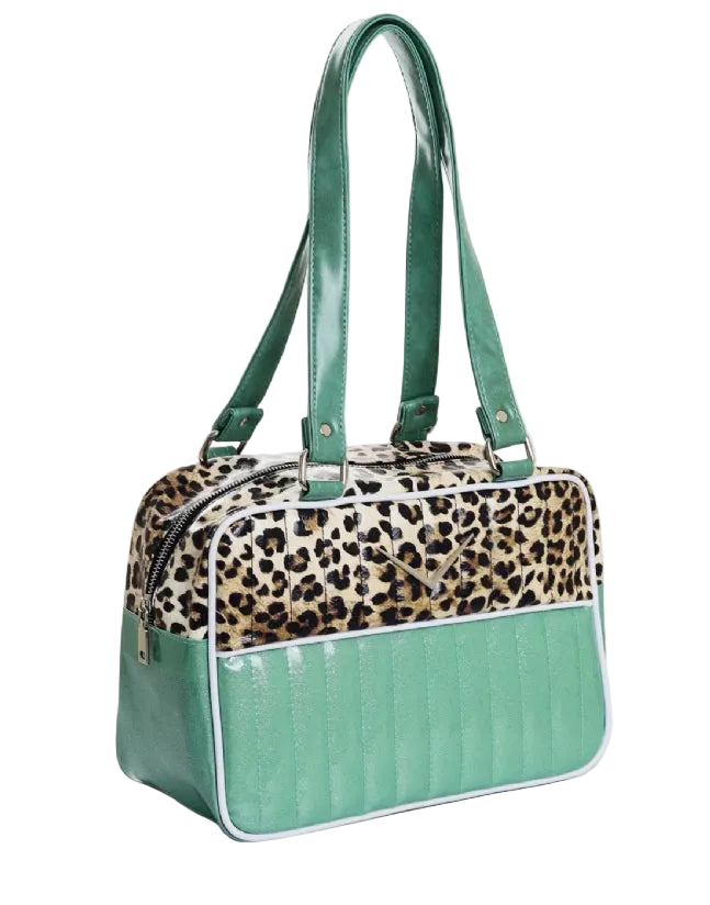 Liquorbrand Vixen Teal shoulder bag retro rockabilly handbag with leopard print panel