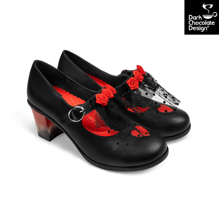 Hot Chocolate Design - Melancholy Midheel black shoes with veil and red roses, embodying dark romance and goth bride style.