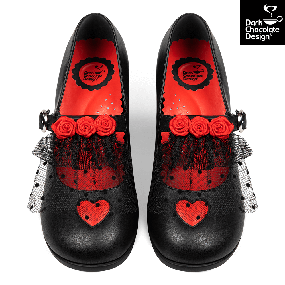 Hot Chocolate Design - Melancholy Midheel shoes featuring red rose details and heart accents.
