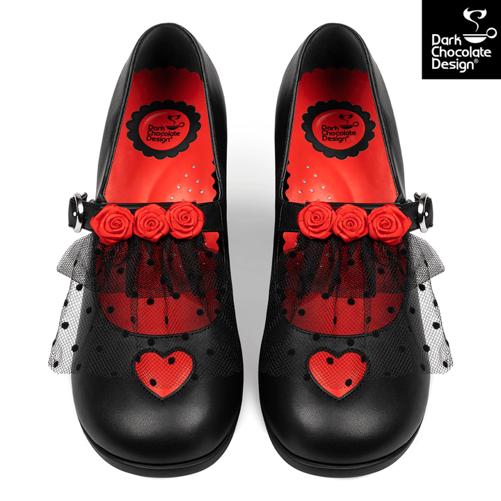 Hot Chocolate Design - Melancholy Midheel shoes featuring red rose details and heart accents.