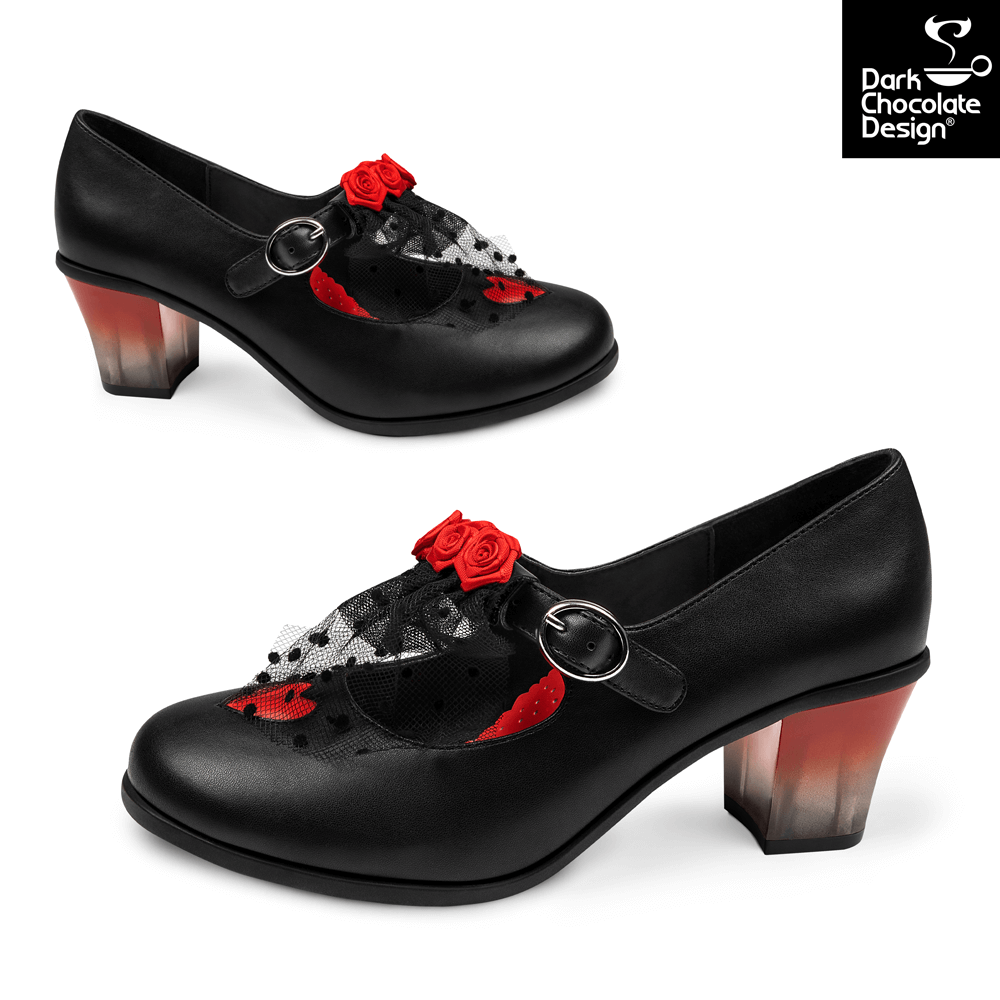 Hot Chocolate Design - Melancholy Midheel black shoes with red roses and sheer veil detail.