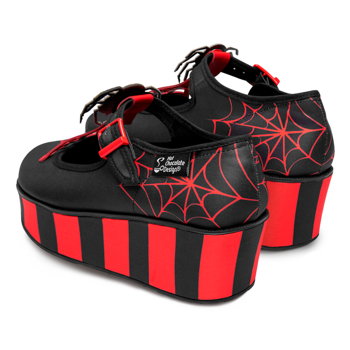 Hot Chocolate Design Spidora Platform shoes with spider web pattern and removable clips, perfect for stylish retro looks.